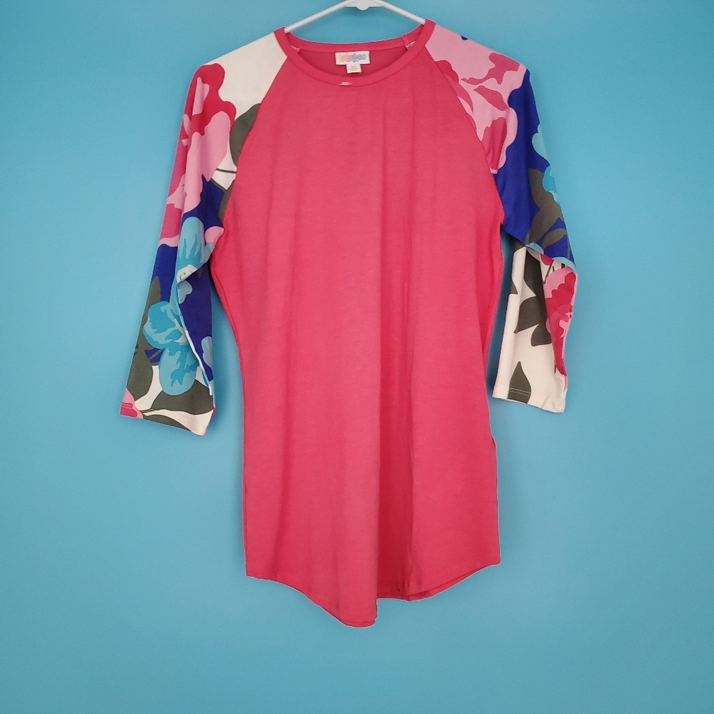 LuLaRoe Pink Long Sleeve Top with Floral Sleeves